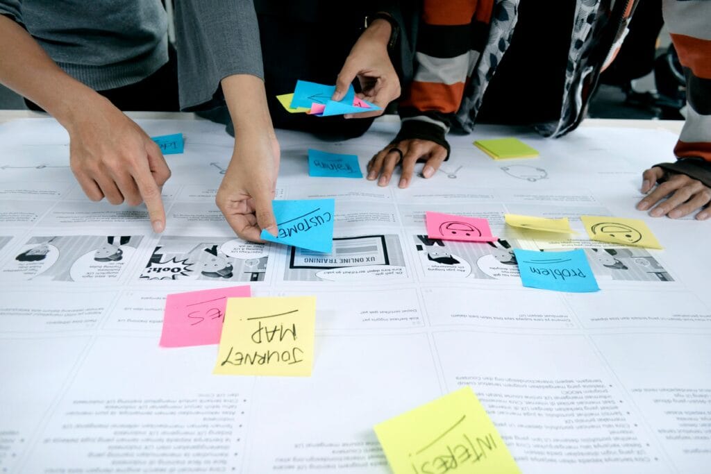 Brainstorming session with sticky notes on a UX design journey map. Keywords: Customer, Problem, Training, Ideas, Journey Map.